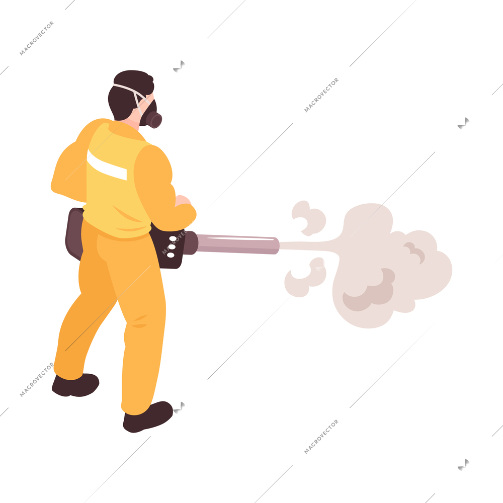 Pest control service specialist performing disinfection with special equipment 3d isometric vector illustration