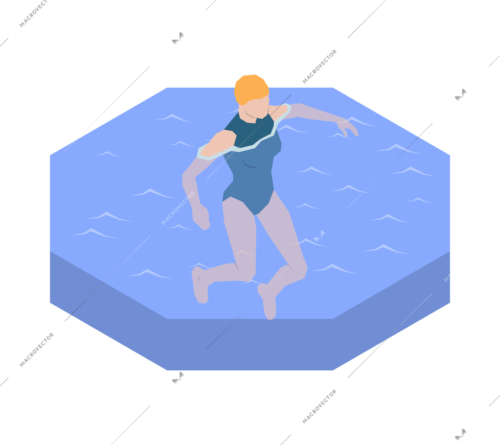 Isometric faceless woman swimming in water 3d vector illustration