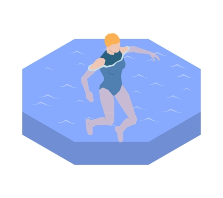 Isometric faceless woman swimming in water 3d vector illustration