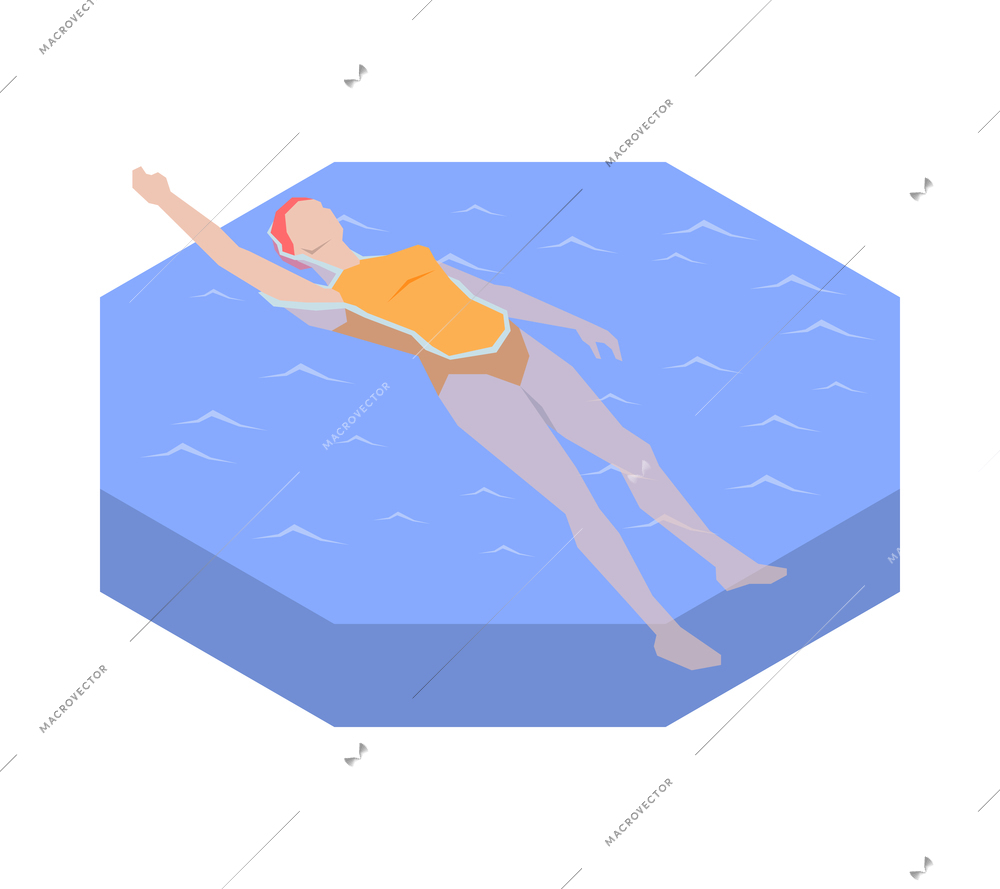 Woman swimming on her back in pool 3d isometric vector illustration