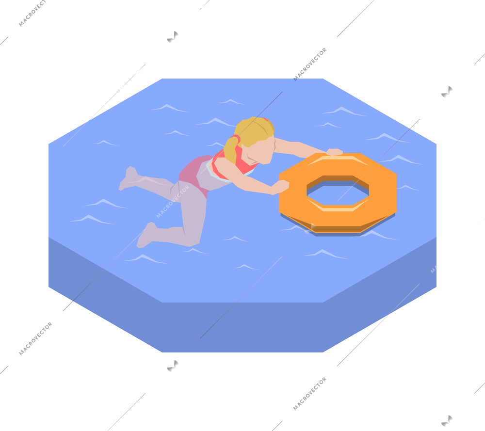 Girl swimming with inflatable ring in pool or sea 3d isometric vector illustration