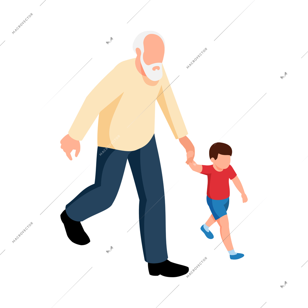 Isometric family with faceless characters of grandfather and his grandson walking together 3d vector illustration