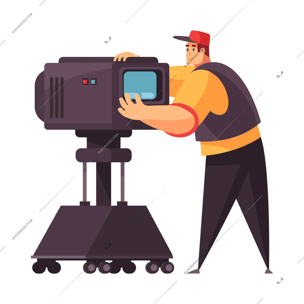 Cartoon cameraman with professional camera on white background vector illustration