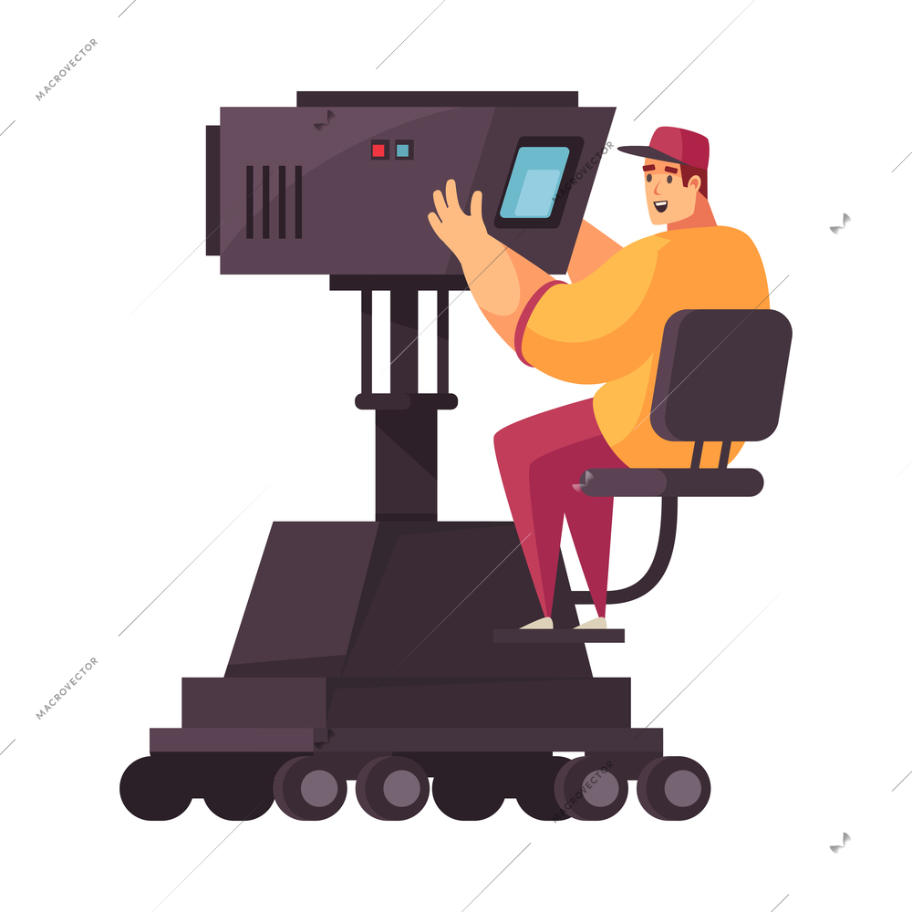 Happy cartoon cameraman at shooting location vector illustration