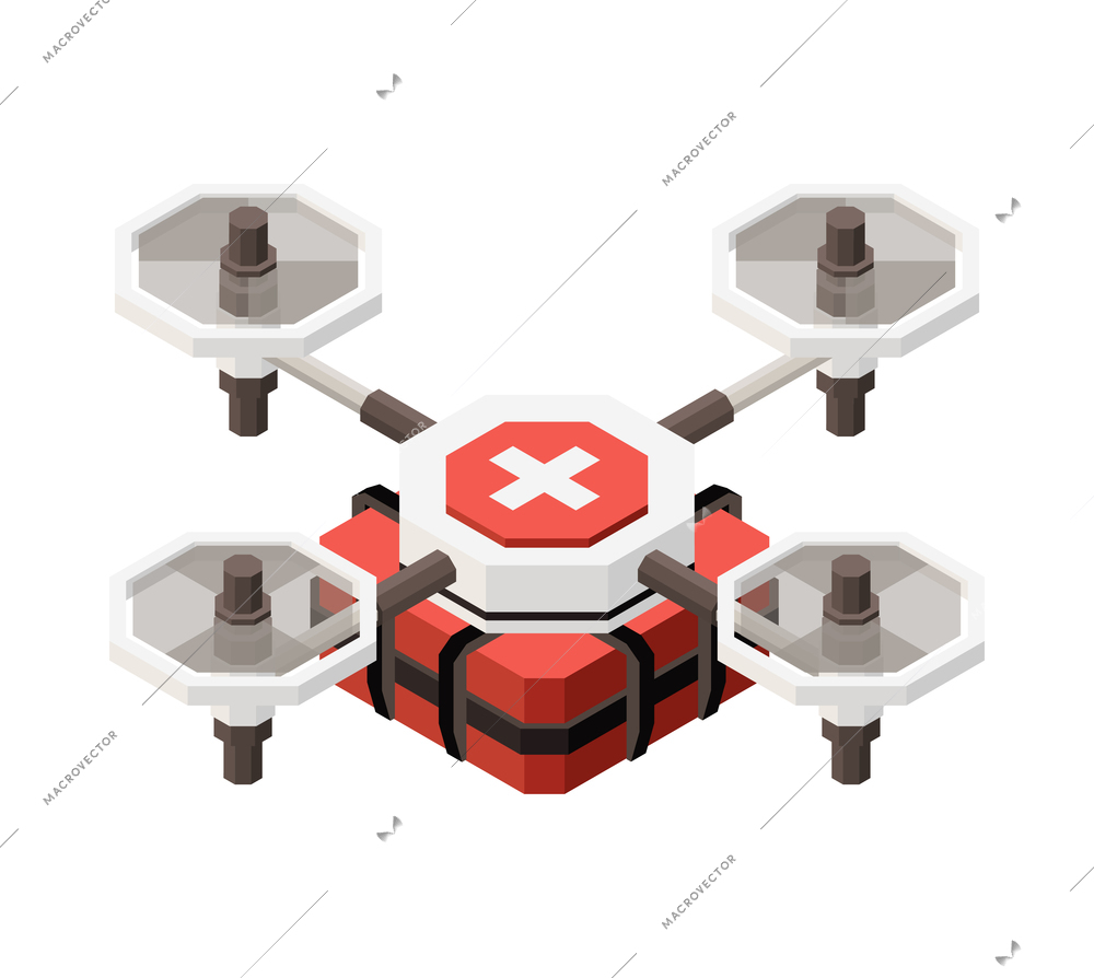 Isometric emergency drone carrying first aid kit 3d vector illustration