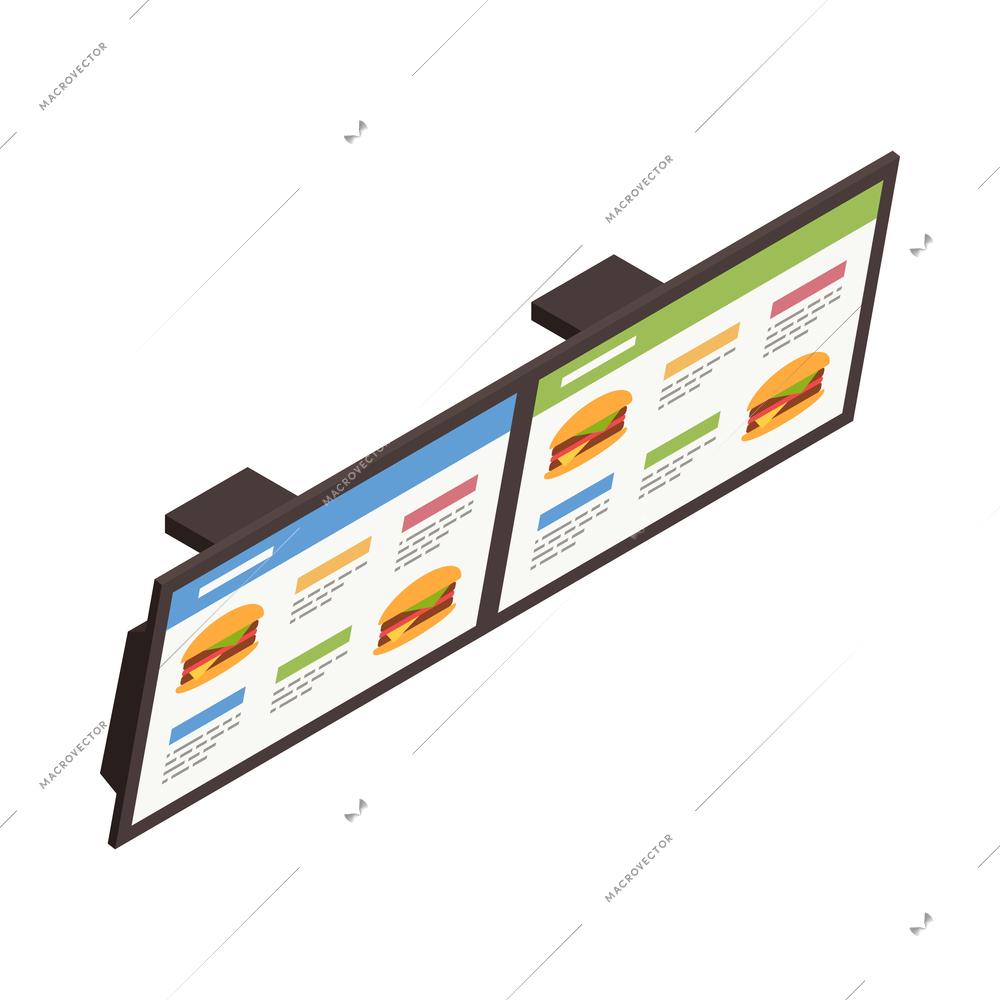 Isometric digital screen with fast food restaurant menu on white background 3d vector illustration