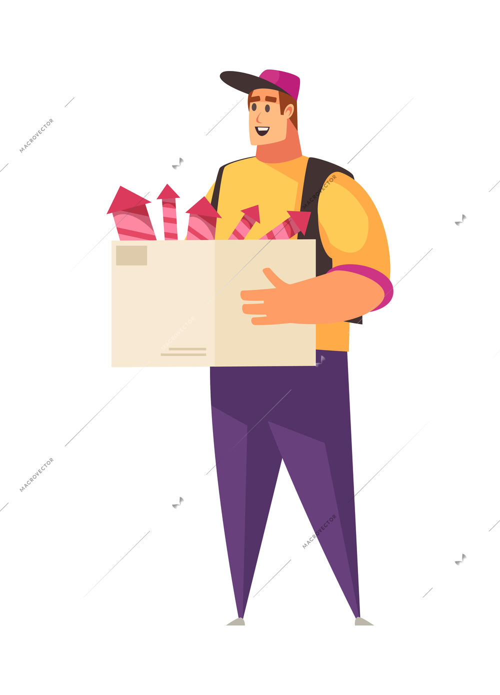 Cheerful male film crew member holding box with firecrackers vector illustration