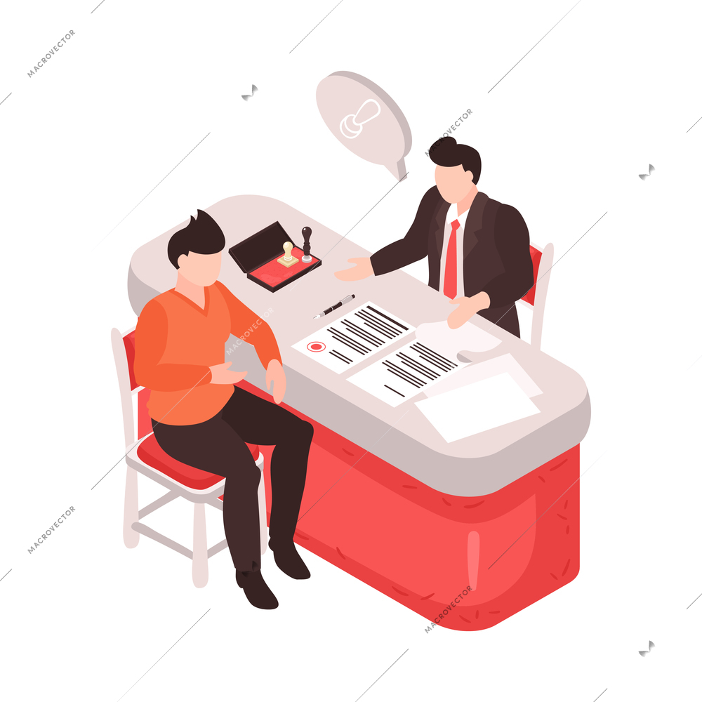 Notary office workplace and his client 3d isometric vector illustration