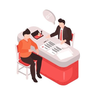 Notary office workplace and his client 3d isometric vector illustration