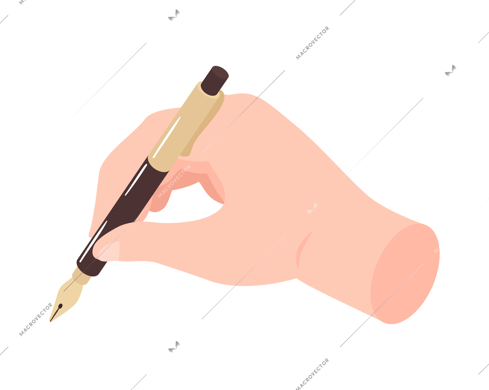 Human hand holding fountain pen isometric icon on white background 3d vector illustration