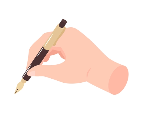 Human hand holding fountain pen isometric icon on white background 3d vector illustration