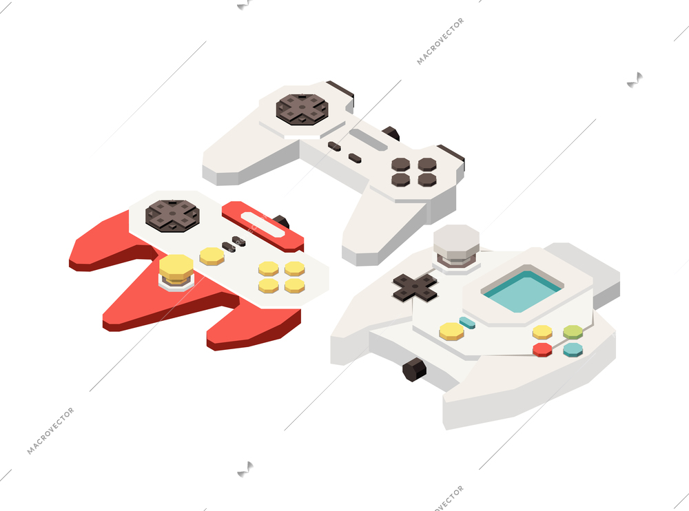 Isometric modern video game controllers 3d vector illustration