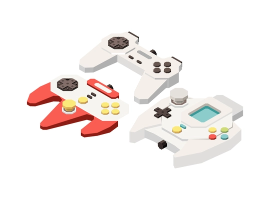 Isometric modern video game controllers 3d vector illustration