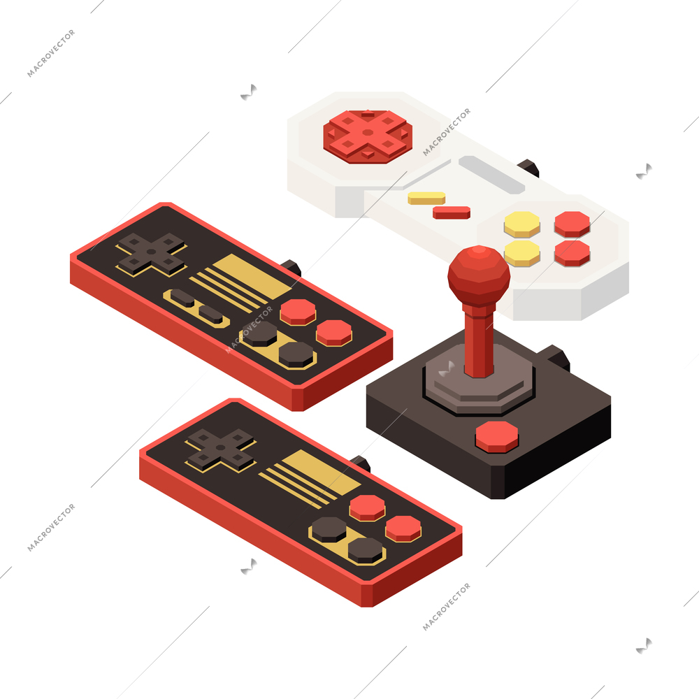 Isometric vintage video game controllers and joystick 3d vector illustration