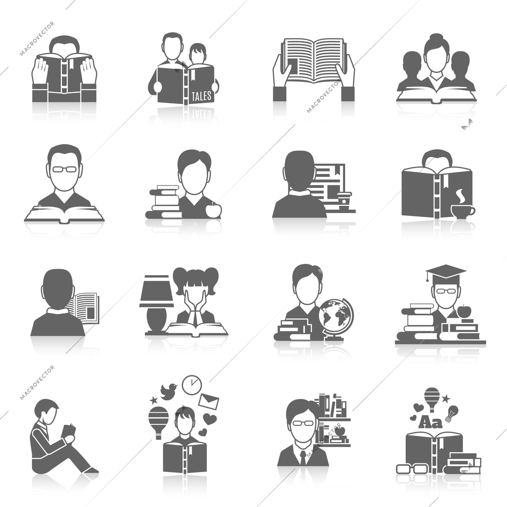 Males and females reading books icon black set isolated vector illustration