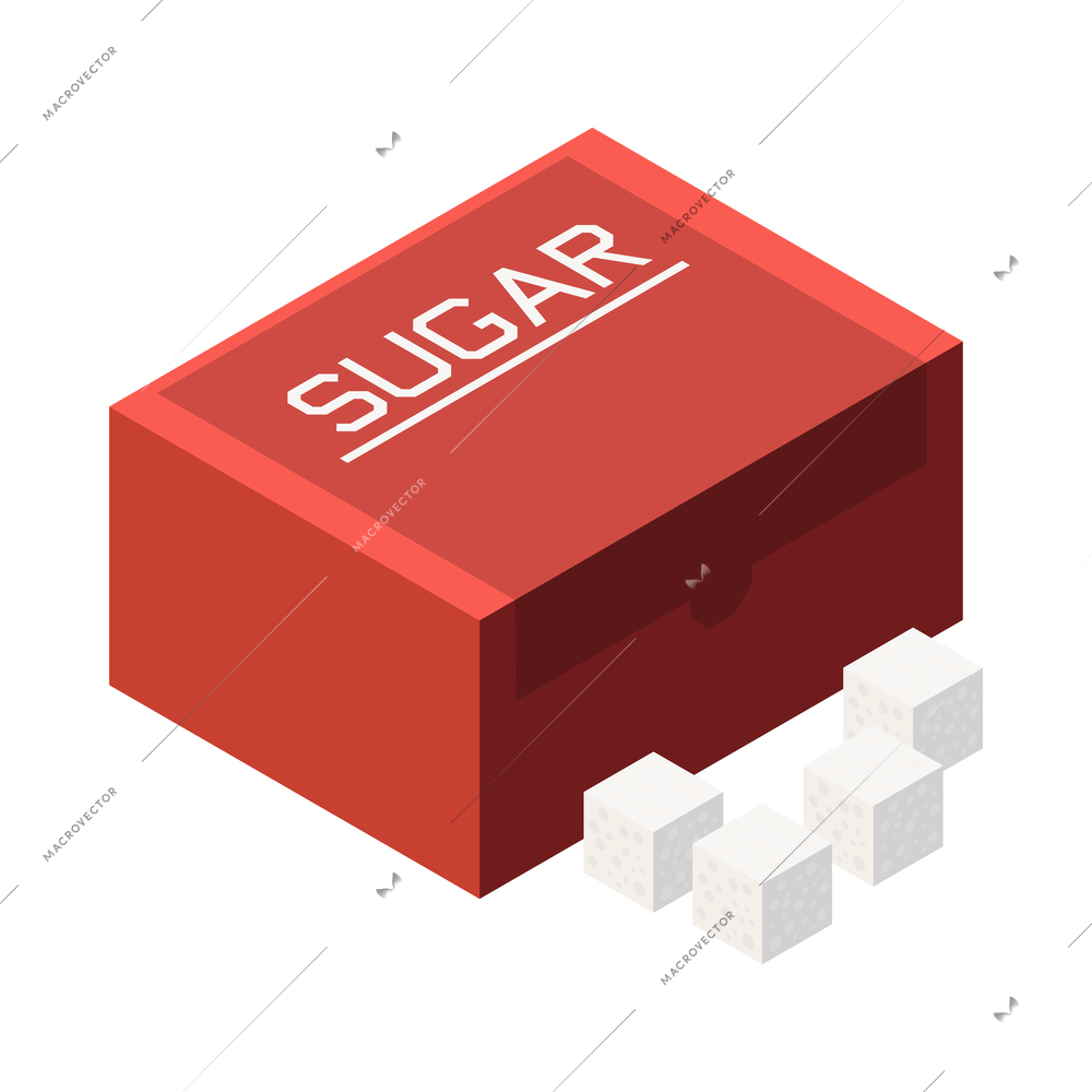 Isometric red box of white refined sugar cubes 3d vector illustration