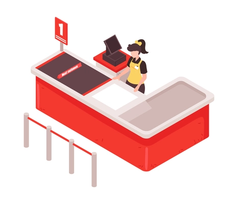 Female cashier at cashdesk in supermarket 3d isometric vector illustration