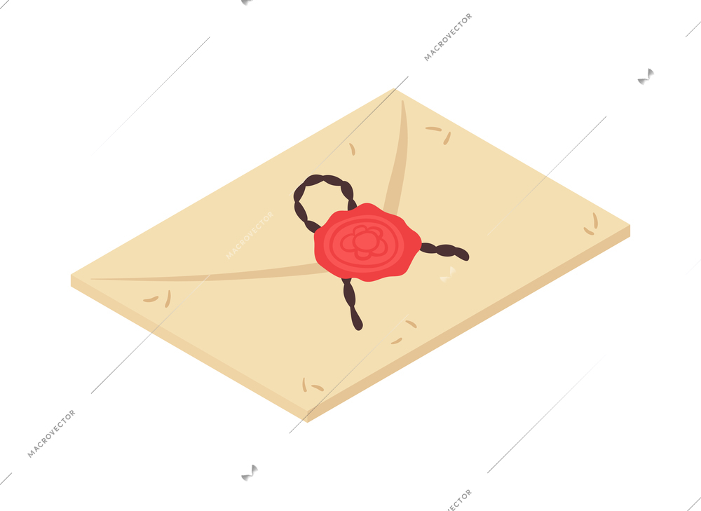 Letter in envelope with red wax seal and rope 3d isometric vector illustration