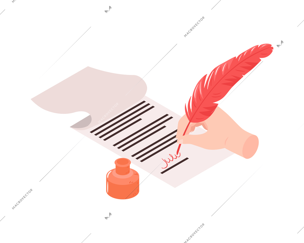 Notary hand signing document with feather and ink 3d isometric icon vector illustration