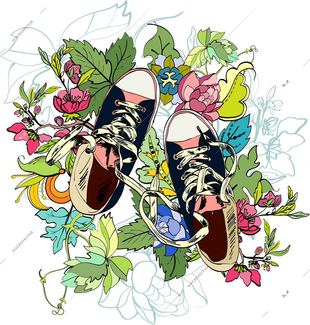 Colored funky teenagers gumshoes with flower background vector illustration