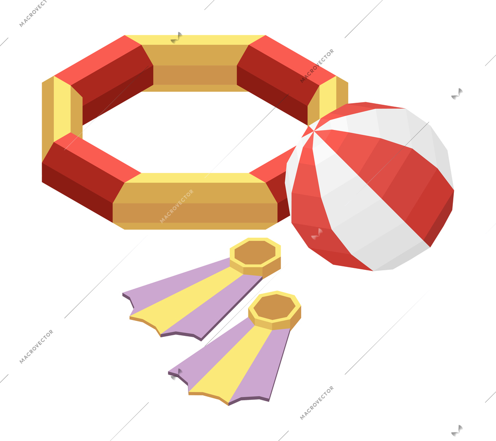 Swimming tools isometric icon with colored inflatable ring ball and flippers 3d vector illustration