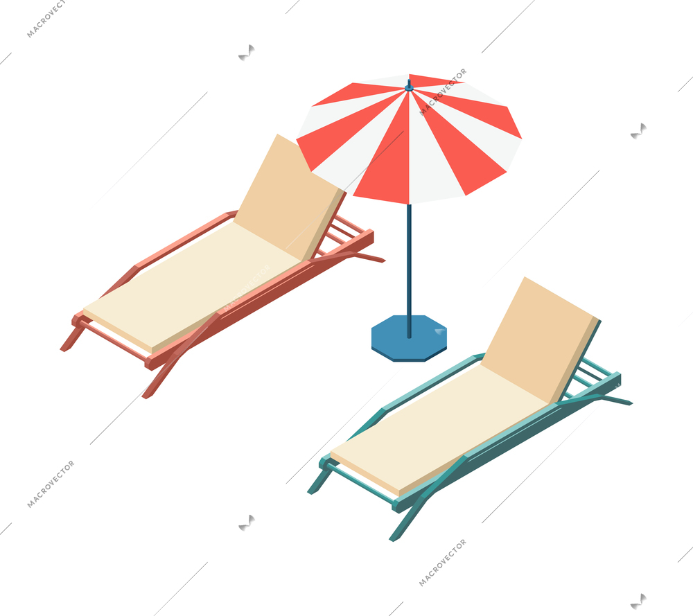 Two isometric empty beach lounges and umbrella 3d vector illustration