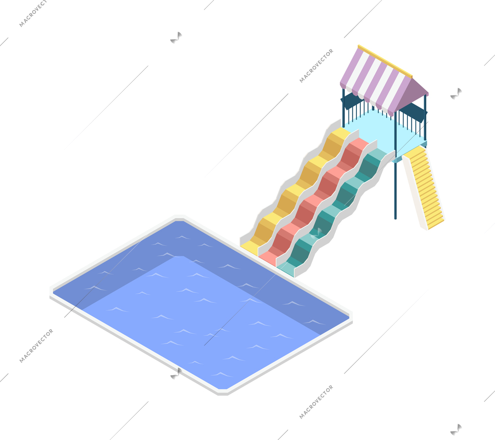 Isometric aquapark with water slides and swimming pool 3d vector illustration