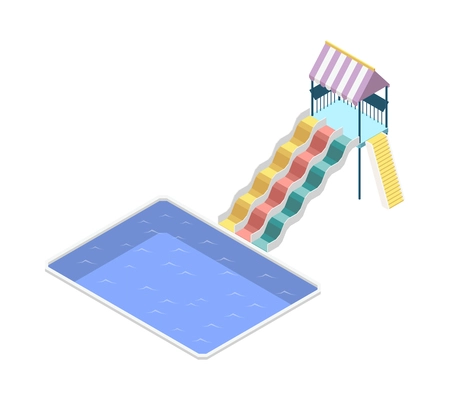 Isometric aquapark with water slides and swimming pool 3d vector illustration