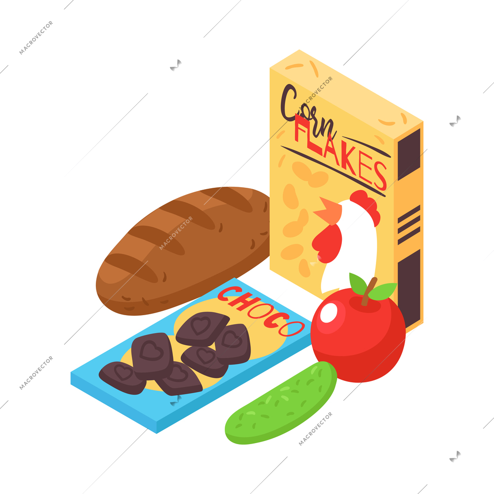 Isometric food products with loaf of bread cornflakes cucumber apple bar of chocolate 3d vector illustration