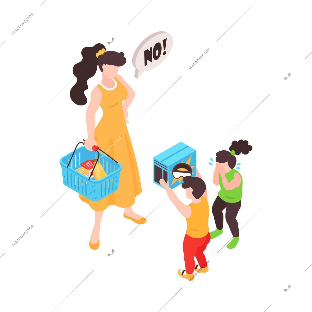 Mum with shopping basket refuses to buy vr glasses for children 3d isometric vector illustration