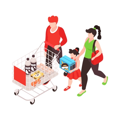 Family doing shopping in supermarket 3d isometric vector illustration