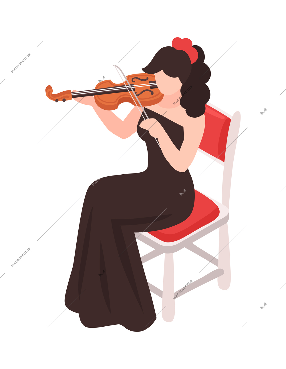 Female orchestra musician playing violin in black gown 3d isometric vector illustration