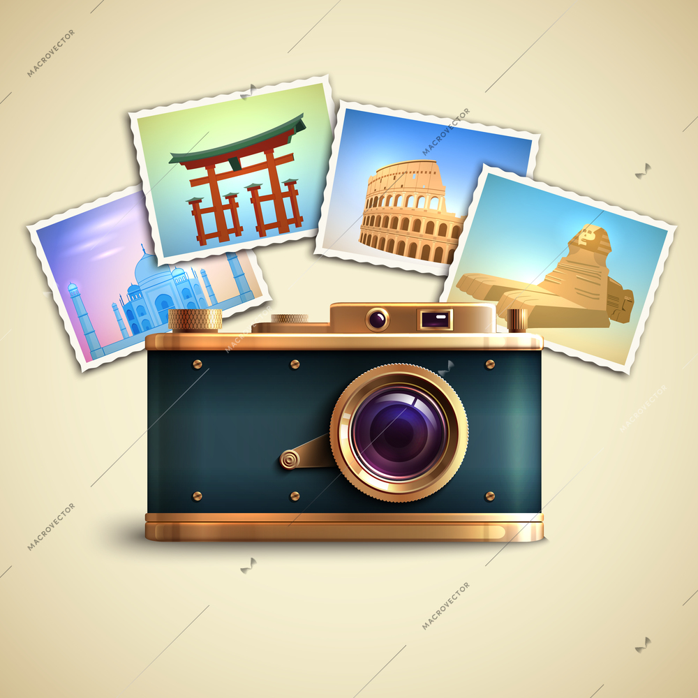 Travel photo background with retro camera and landmarks cards vector illustration