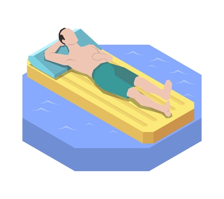 Isometric man relaxing on inflatable airbed in swimming pool or sea 3d vector illustration