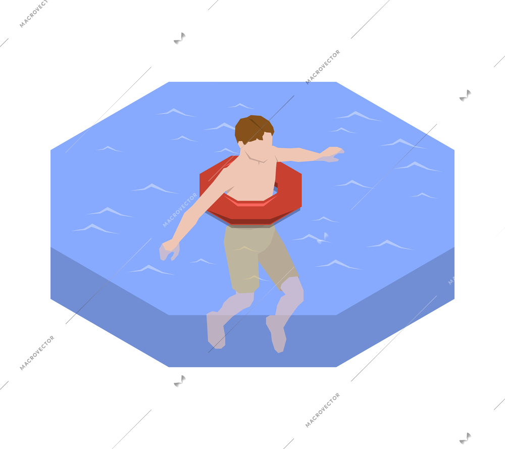 Isometric person swimming with inflatable ring 3d vector illustration