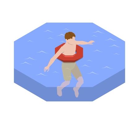 Isometric person swimming with inflatable ring 3d vector illustration