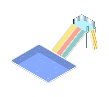 Isometric water park icon with swimming pool and colorful slides 3d vector illustration