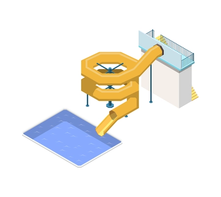 Isometric pipe slide and swimming pool in aquapark 3d vector illustration