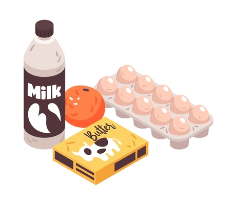 Supermarket products with bottle of milk eggs orange and butter 3d isometric vector illustration