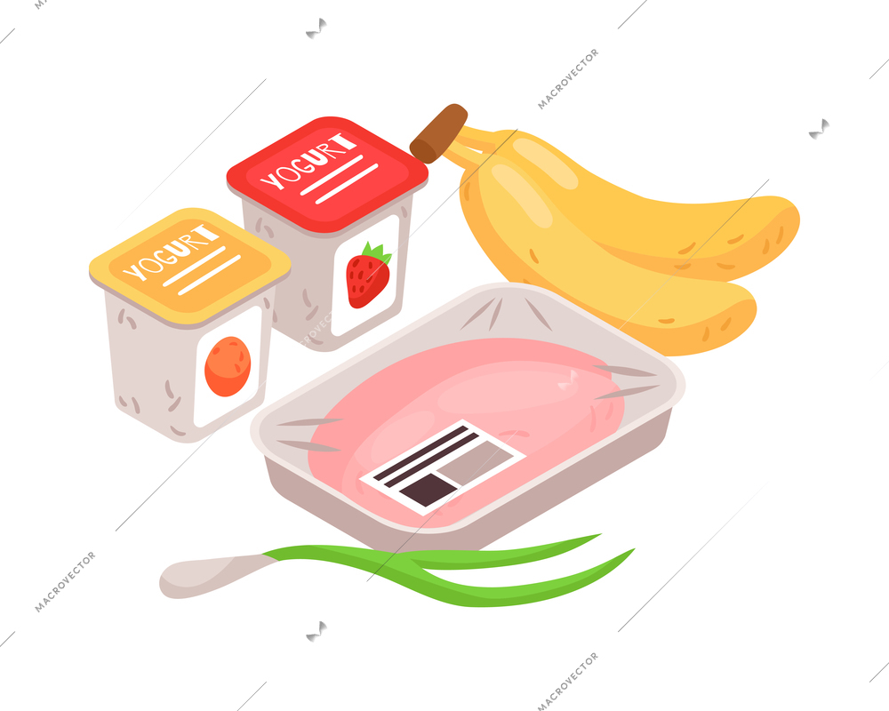 Supermarket food products with meat bananas yoghurt onion 3d isometric vector illustration