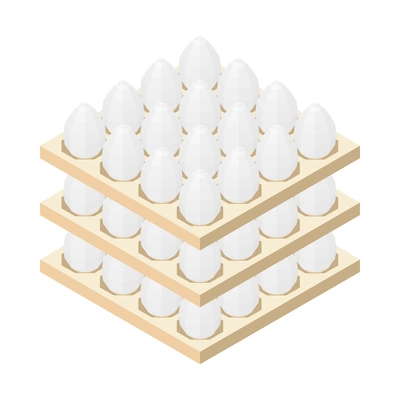 Stack of three packagings with white chicken eggs 3d isometric vector illustration