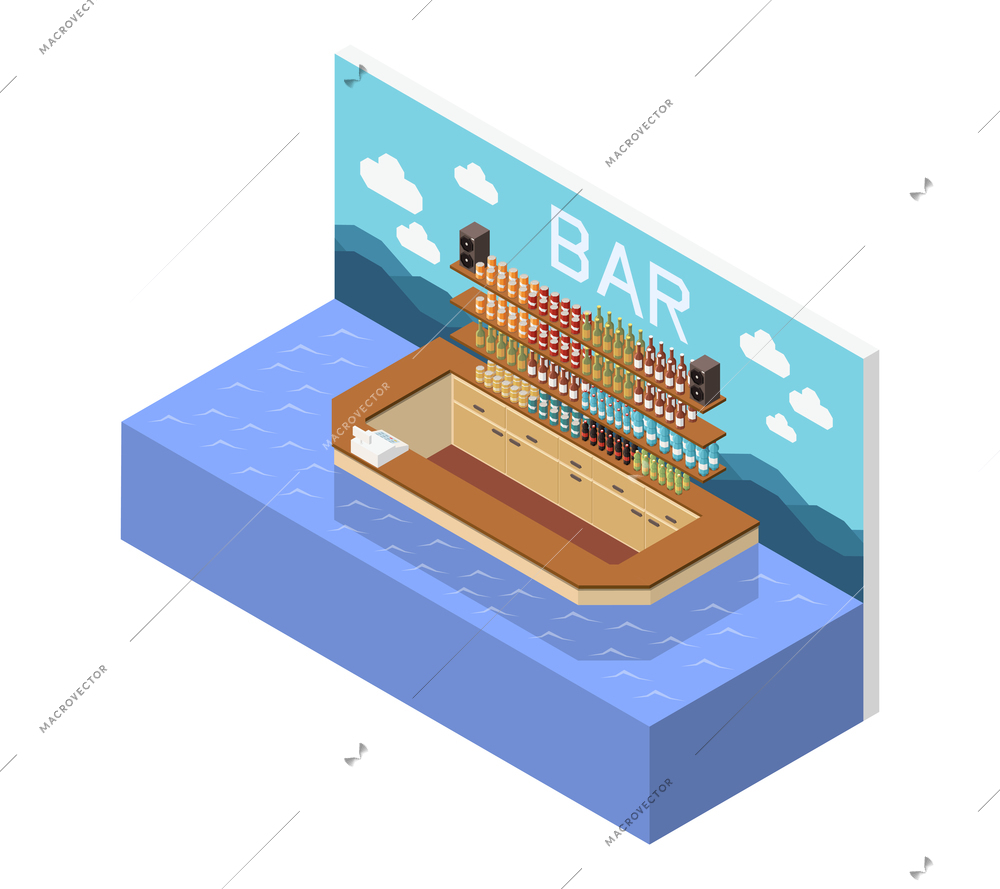 Isometric aquapark bar interior in water with bottles on shelves 3d vector illustration