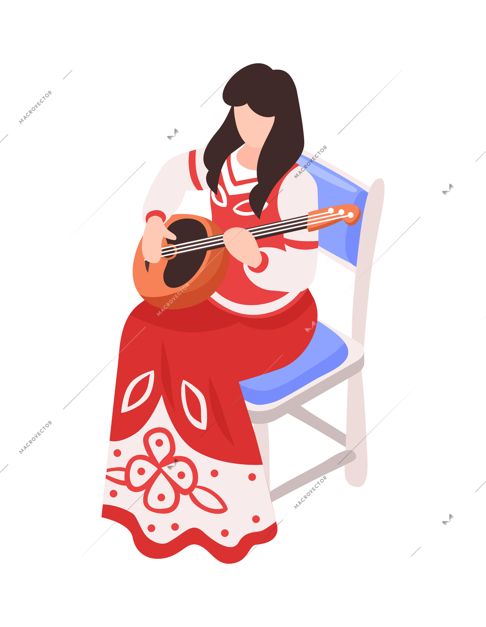 Female musician in national dress playing domra 3d isometric vector illustration