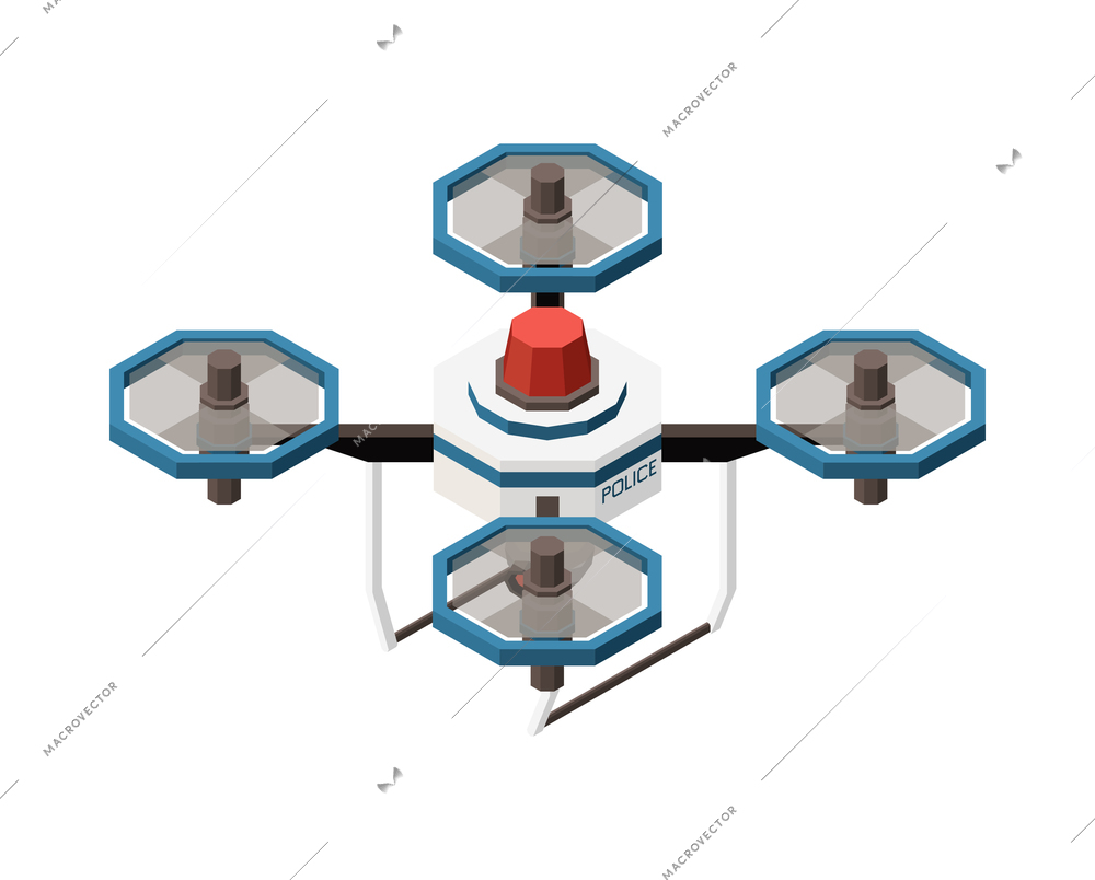 Isometric unmanned police drone with video camera 3d vector illustration