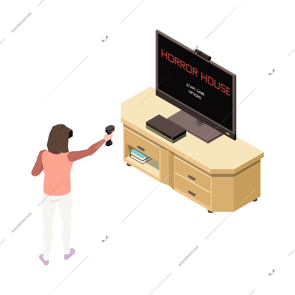 Girl playing horror game wearing virtual reality glasses 3d isometric vector illustration