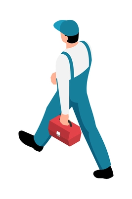 Isometric male worker in uniform walking with tool kit back view 3d vector illustration