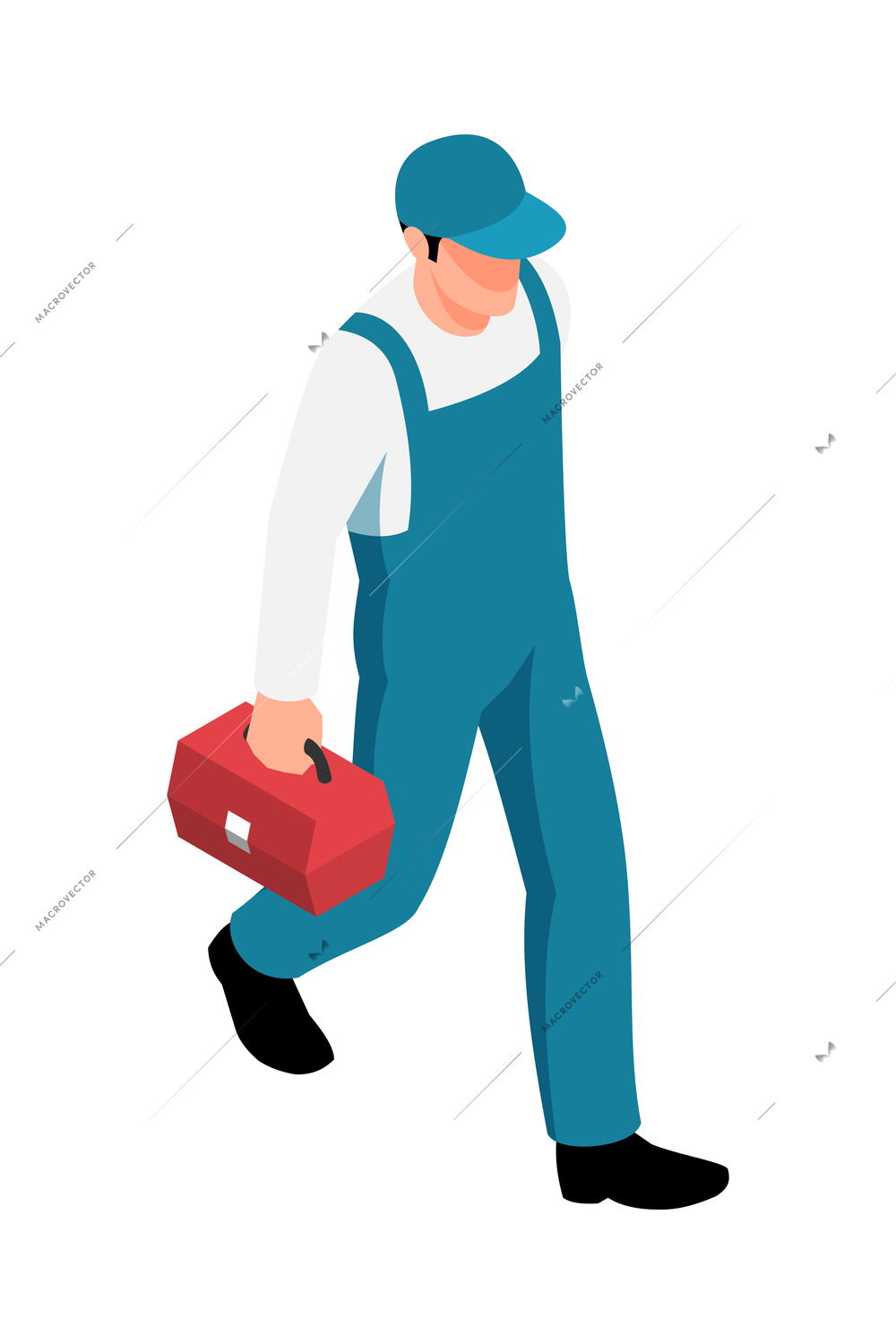 Isometric worker walking with red tool kit 3d vector illustration