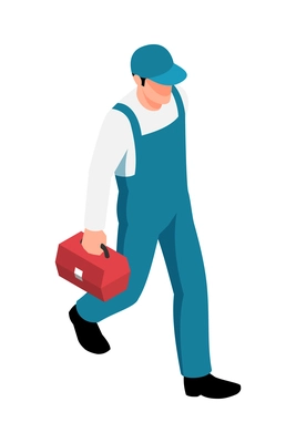 Isometric worker walking with red tool kit 3d vector illustration