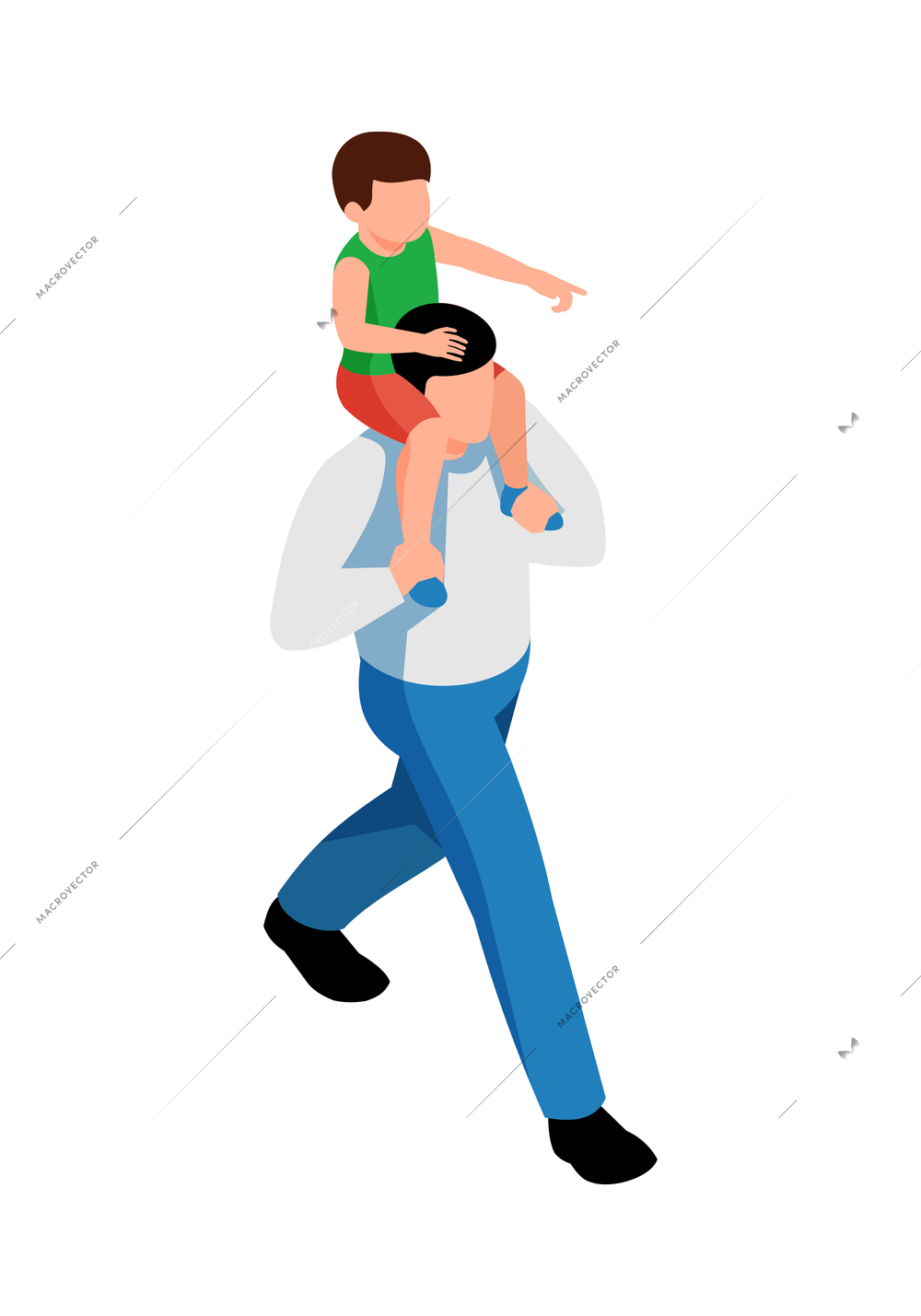 Isometric dad walking with his son sitting on shoulders 3d vector illustration