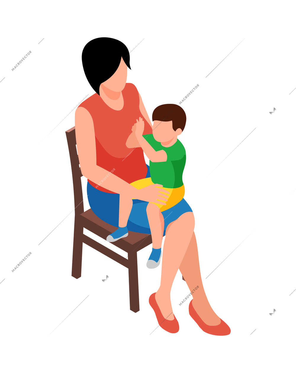 Mum spending time with her son sitting on chair 3d isometric vector illustration